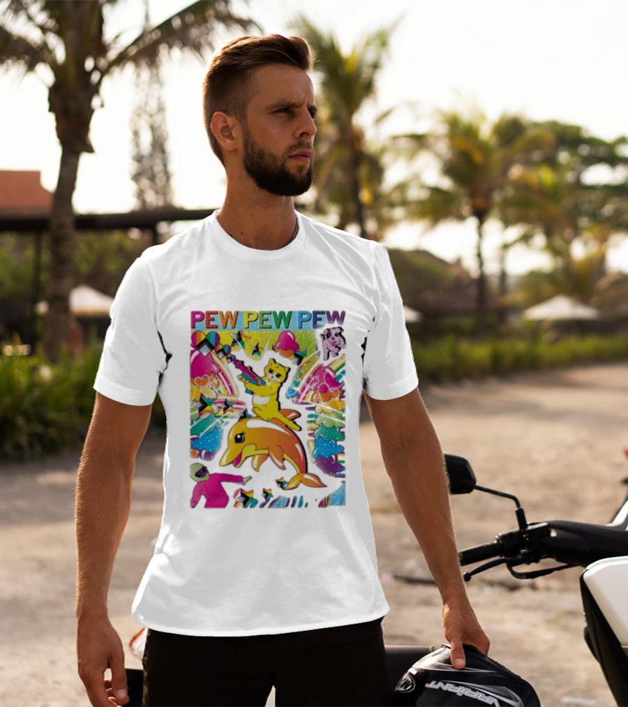 Pew Pew Pew Colorful Cat Dolphin Alien Rainbow T-Shirt