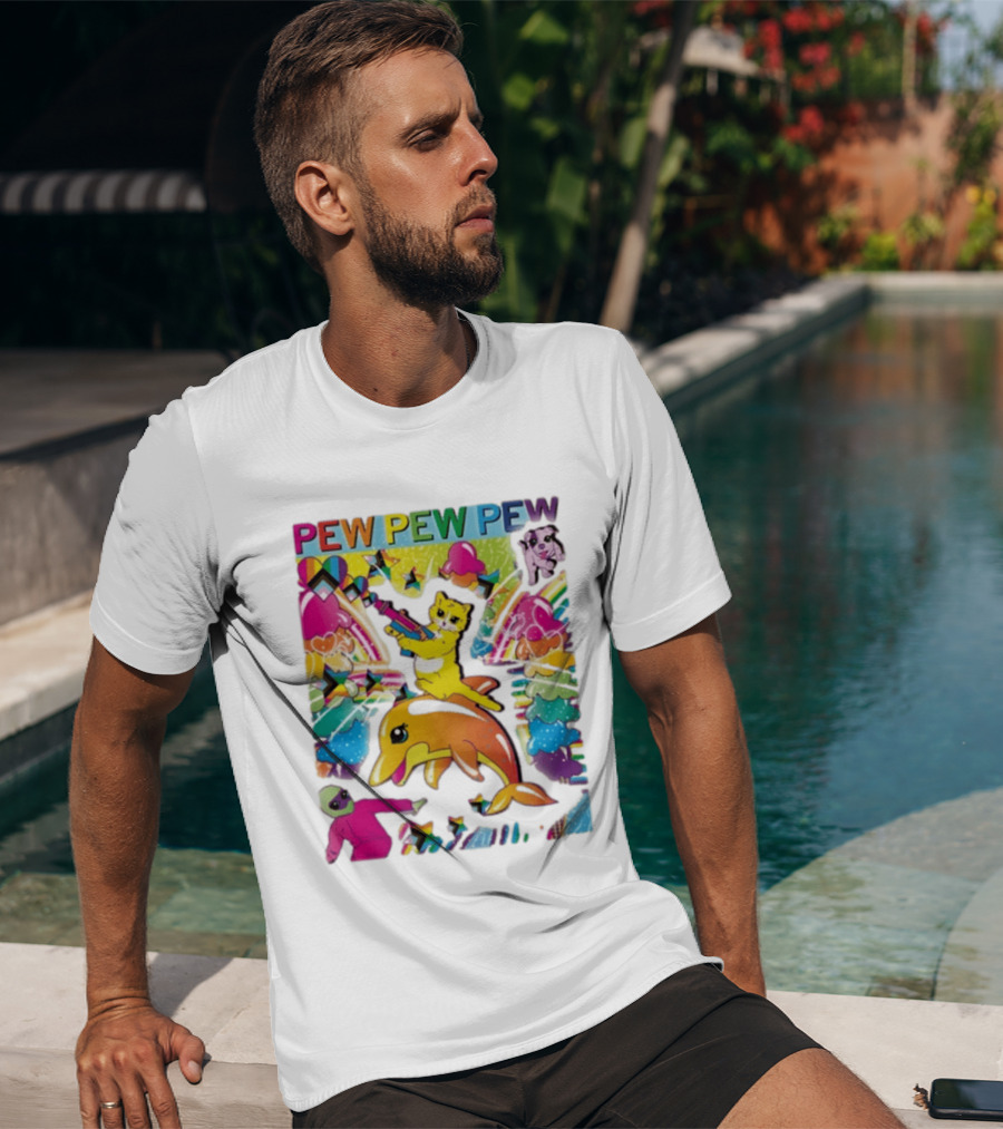 Pew Pew Pew Colorful Cat Dolphin Alien Rainbow T-Shirt