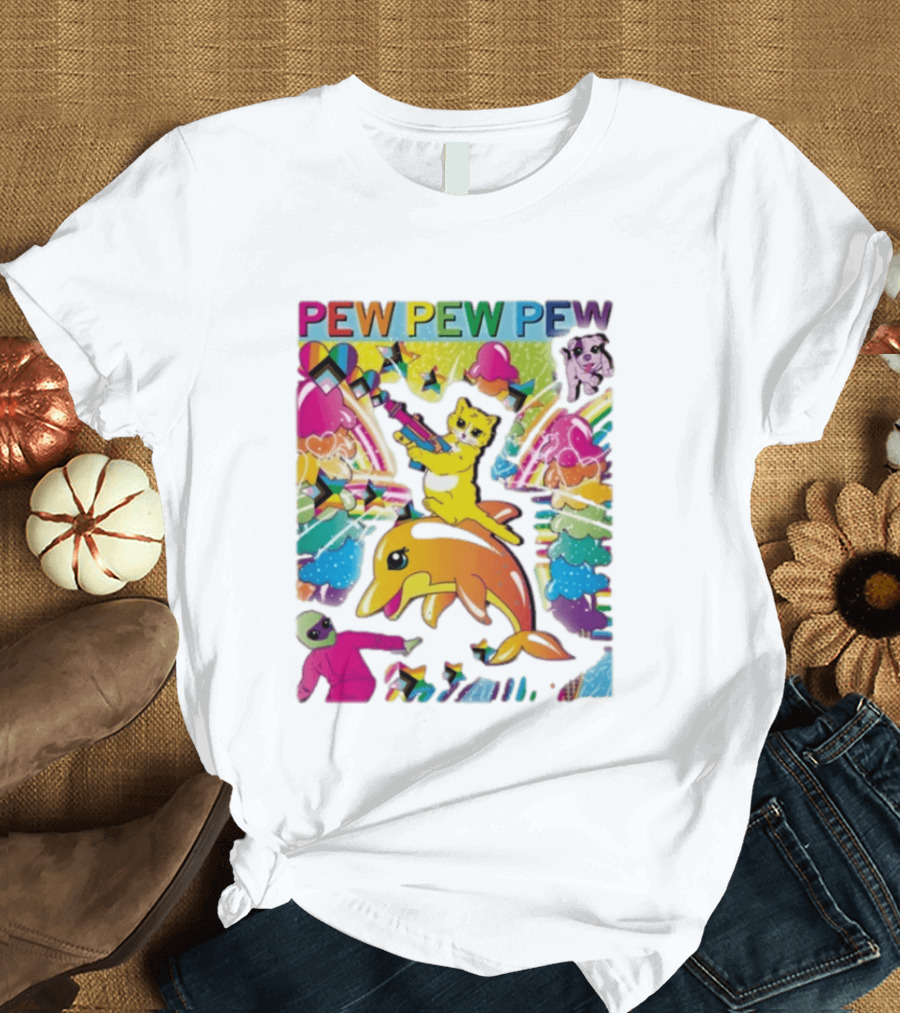 Pew Pew Pew Colorful Cat Dolphin Alien Rainbow T-Shirt