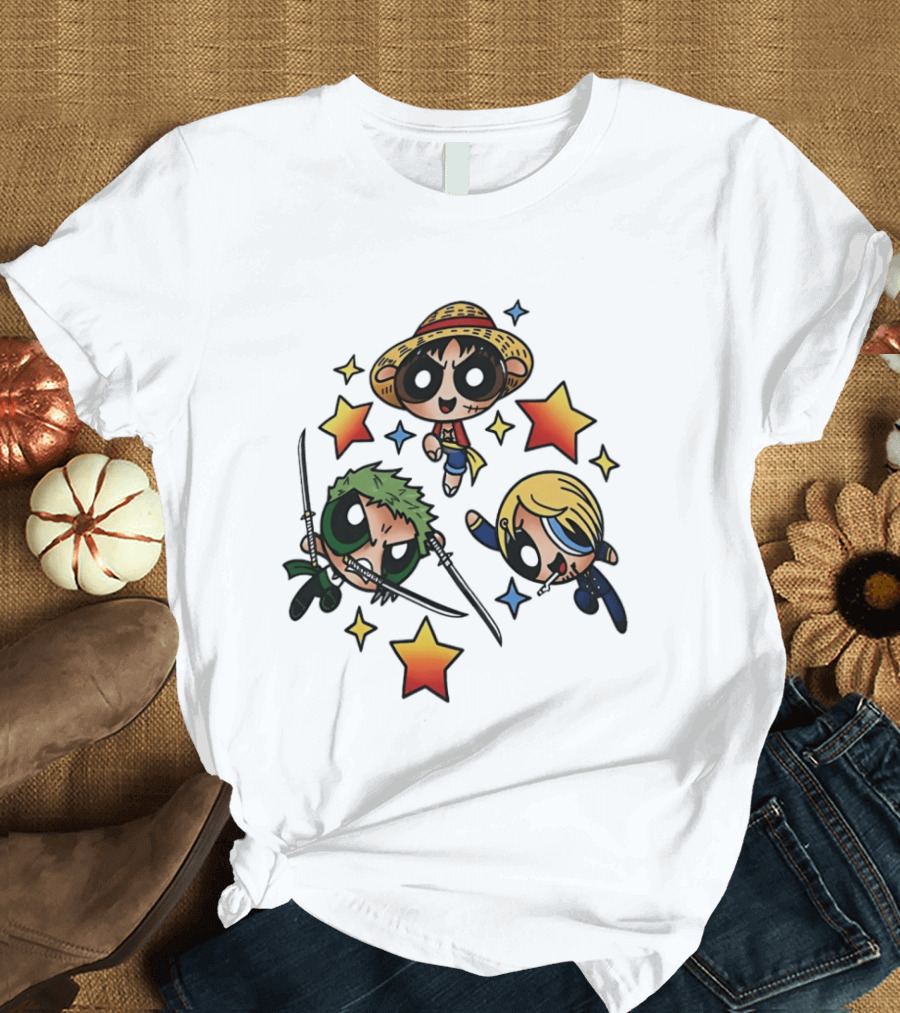 Luffy Zoro Sanji Fusion One Piece Powerpuff Girls Crossover Cute Anime Stars T-Shirt