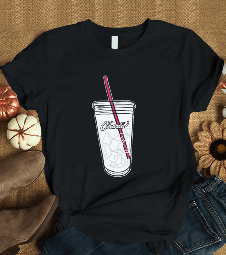 Charli Iced Coffee Cup Pink Straw Sketch T-Shirt