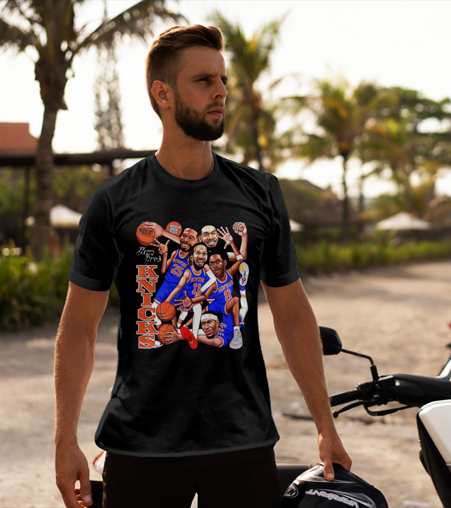 New York Knicks Starting Five 2026 Caricature Dunk Basketball Hoops T-Shirt