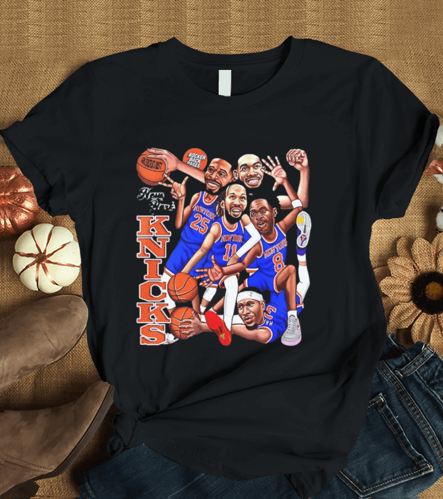New York Knicks Starting Five 2026 Caricature Dunk Basketball Hoops T-Shirt