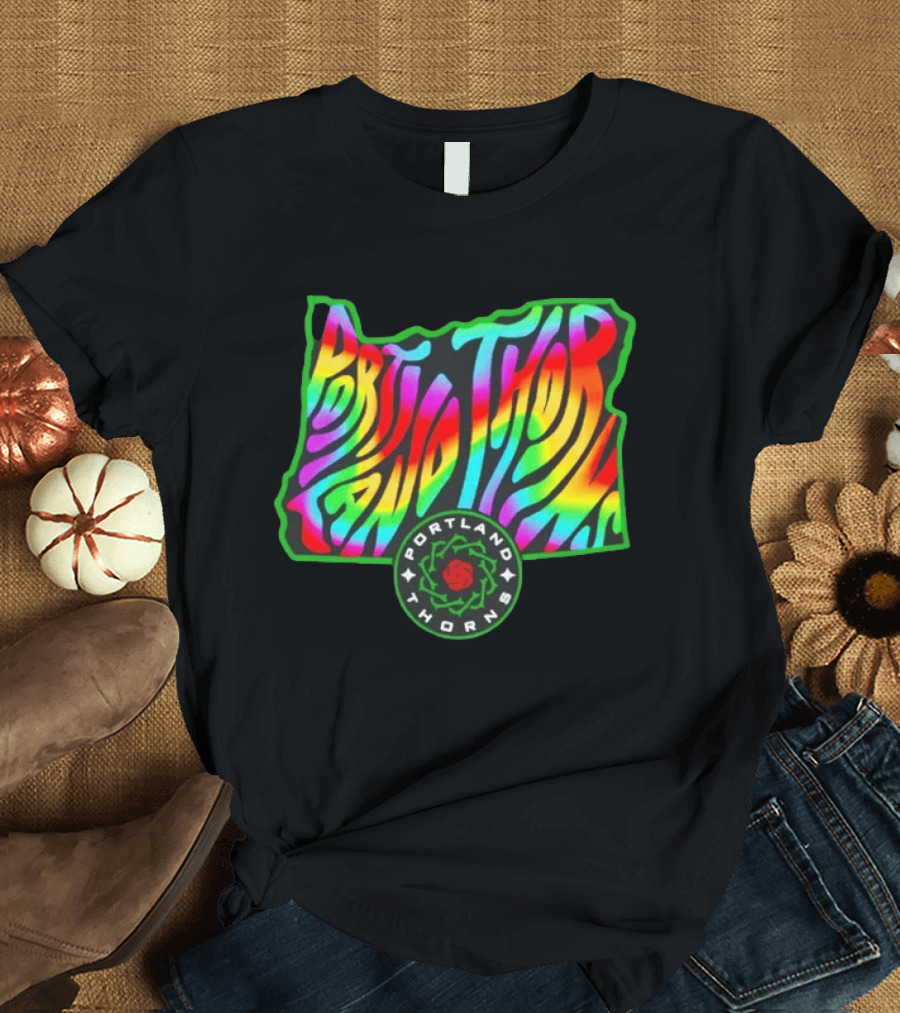 Portland Thorns Groovy Pride State Oregon Map Rainbow T-Shirt