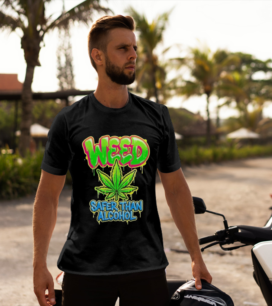 Weed Safer Than Alcohol Leaf Bright Graffiti T-Shirt
