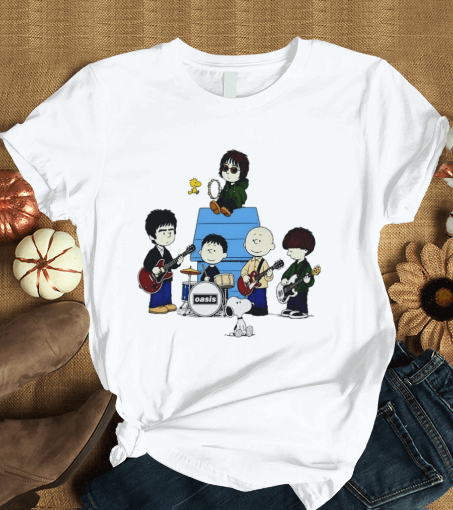 Snoopy Peanuts Oasis Band Cartoon Woodstock Drums Guitars T-Shirt