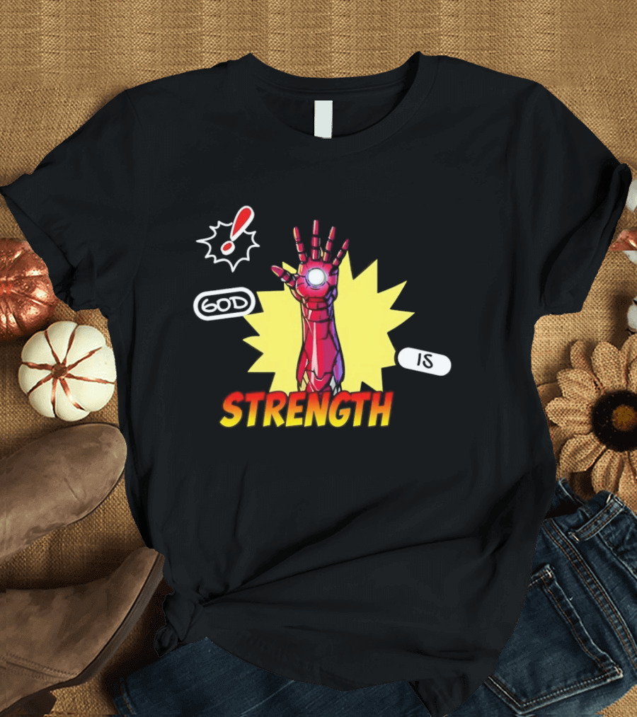 Iron Man God Is Strength Exclamation Comic Style Burst T-Shirt