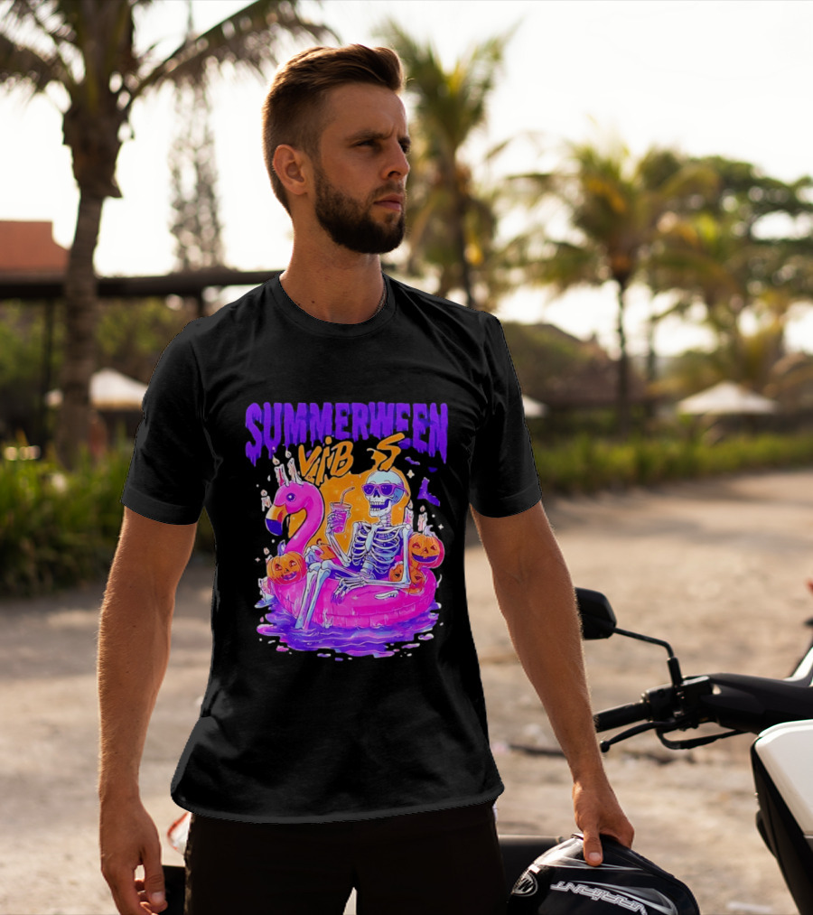 Summerween Vibes Skeleton On Flamingo With Pumpkins T-Shirt