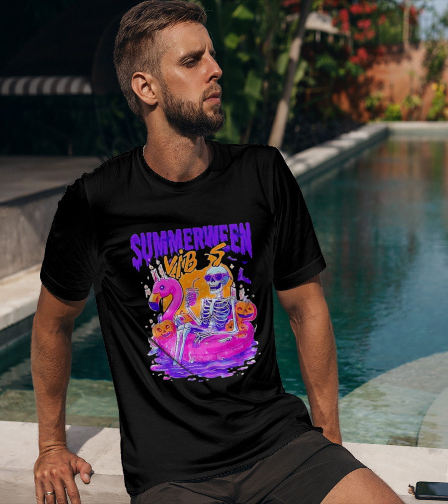 Summerween Vibes Skeleton On Flamingo With Pumpkins T-Shirt