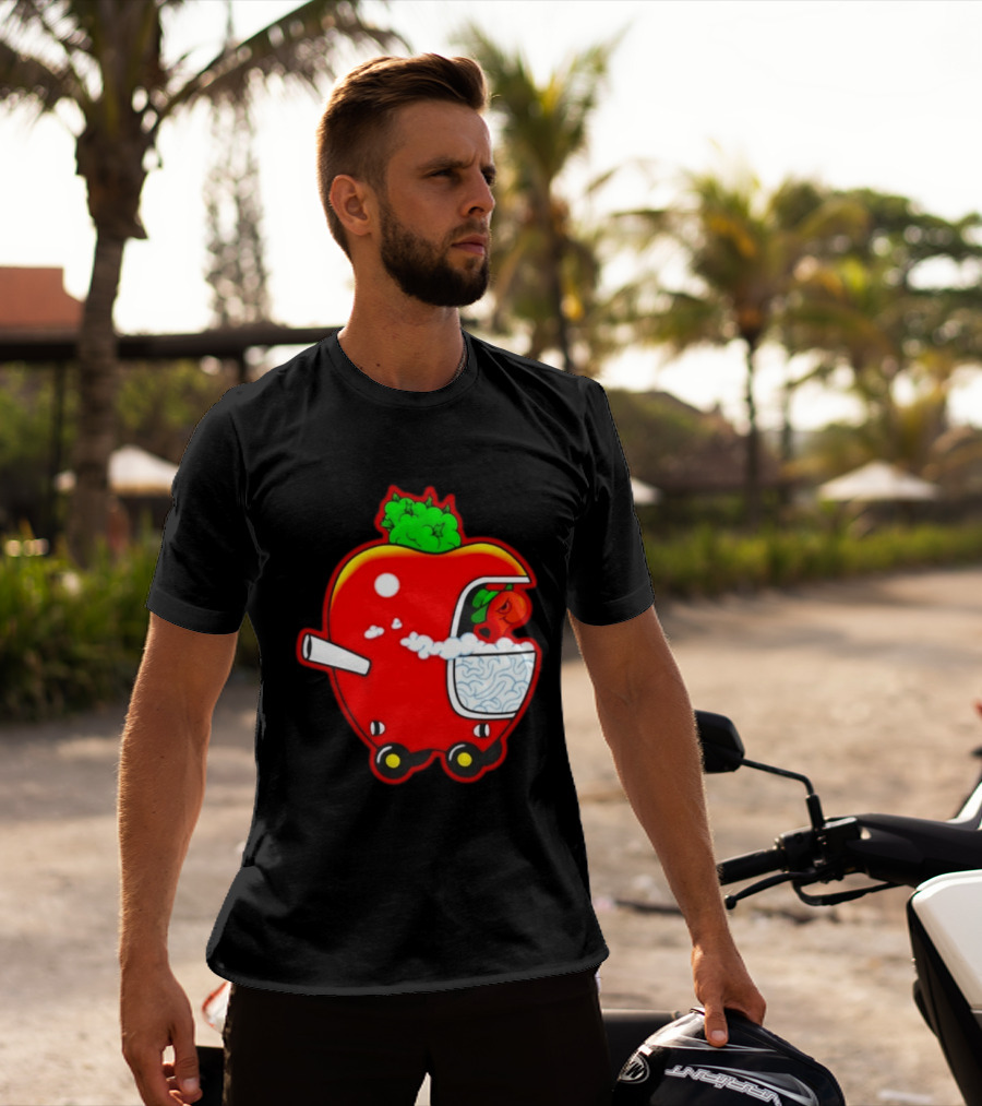 Smokey Worm Apple Cartoon Red Apple With Smoke And Wheels T-Shirt
