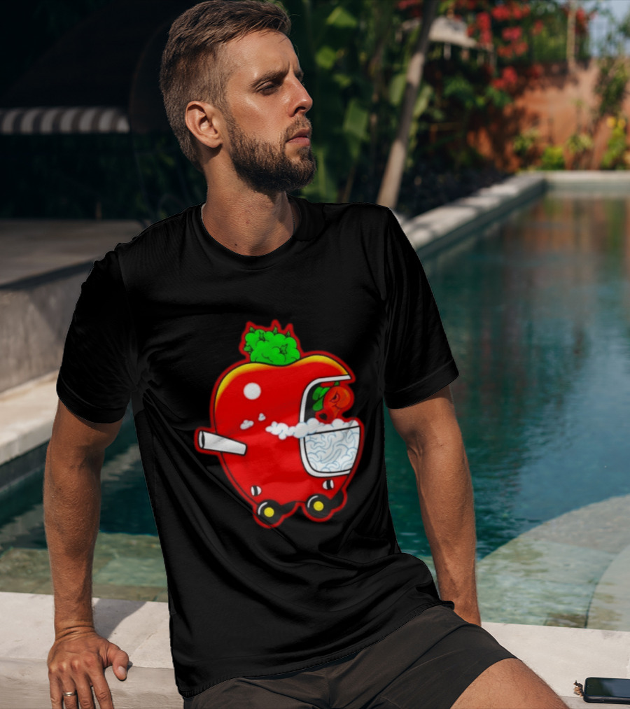 Smokey Worm Apple Cartoon Red Apple With Smoke And Wheels T-Shirt