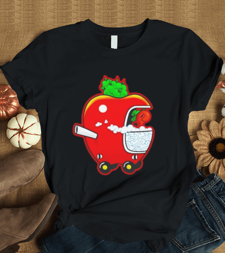 Smokey Worm Apple Cartoon Red Apple With Smoke And Wheels T-Shirt