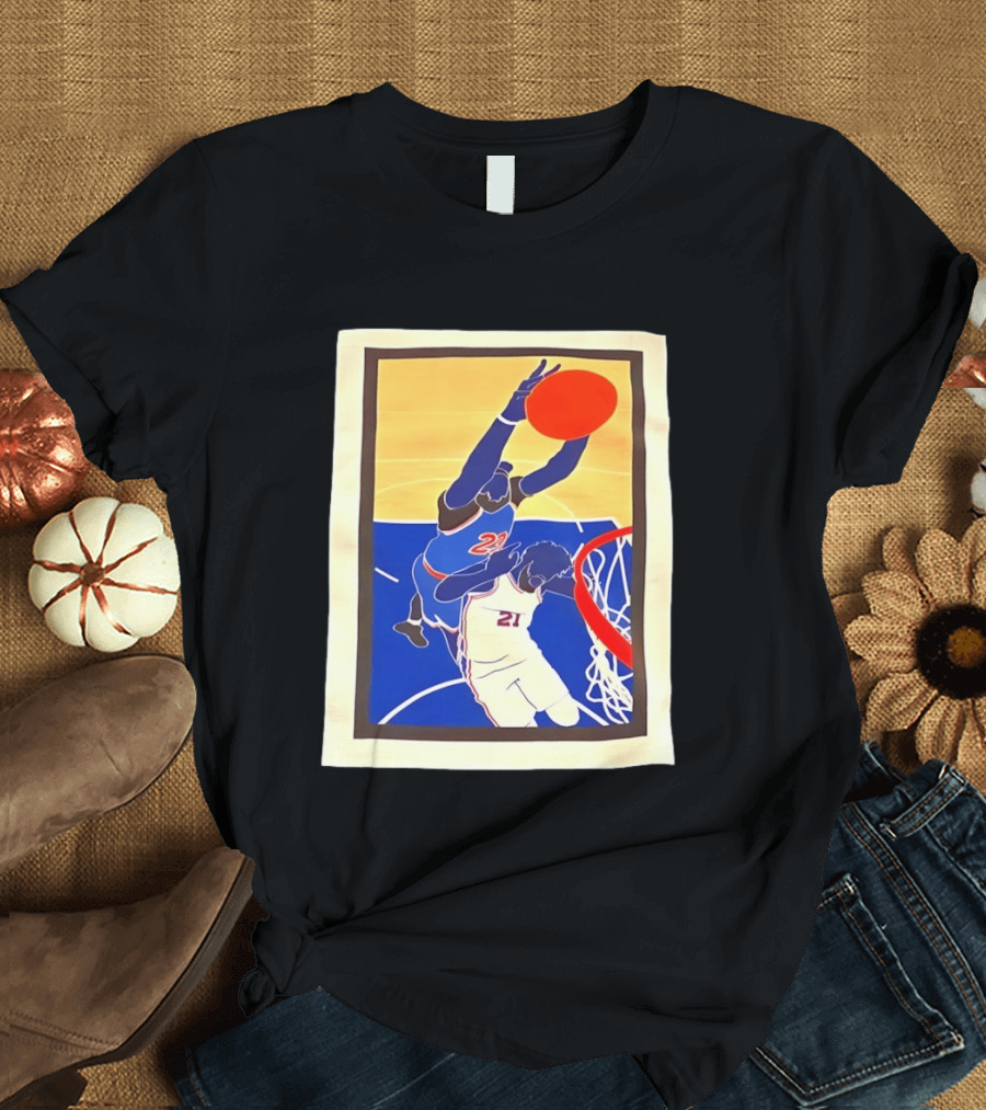 Mitchell Robinson 23 Dunking Joel Embiid 21 New York Knicks Basketball NBA 2026 T-Shirt