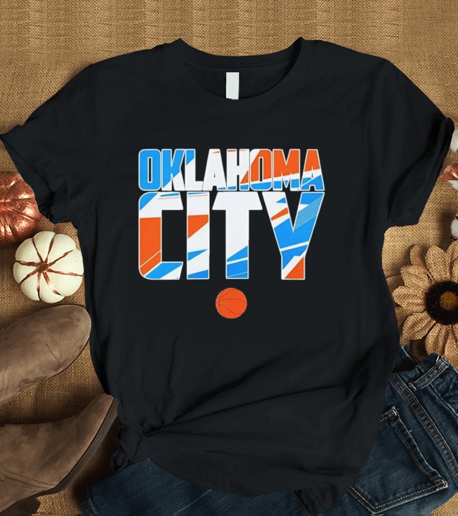 Oklahoma City Basketball Pride Colorful Lettering With Orange Basketball T-Shirt