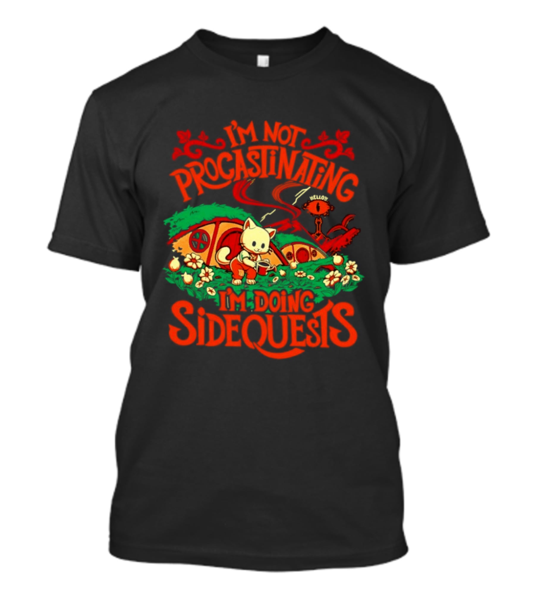 I'm Not Procrastinating I'm Doing Side Quests Cute Cat Adventure Scene T-Shirt