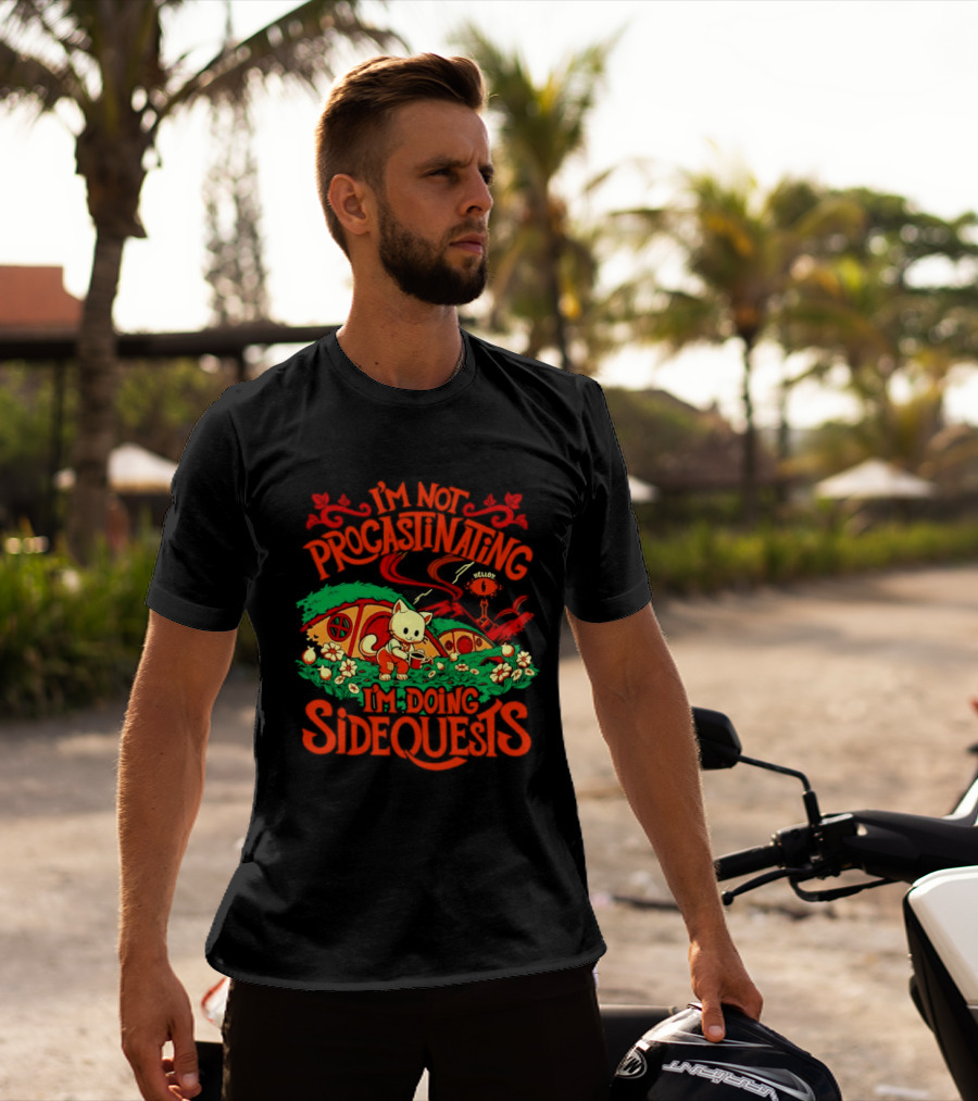 I'm Not Procrastinating I'm Doing Side Quests Cute Cat Adventure Scene T-Shirt