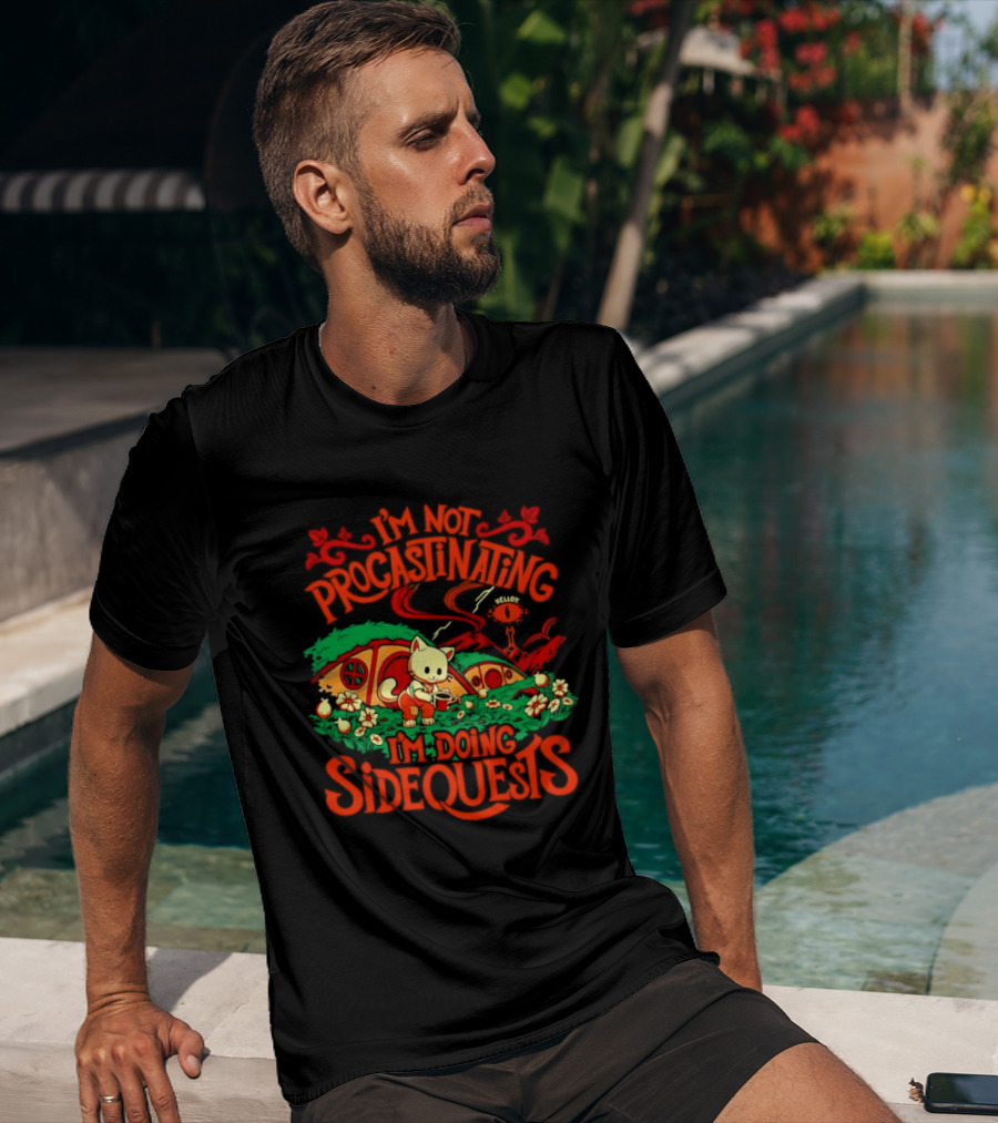 I'm Not Procrastinating I'm Doing Side Quests Cute Cat Adventure Scene T-Shirt