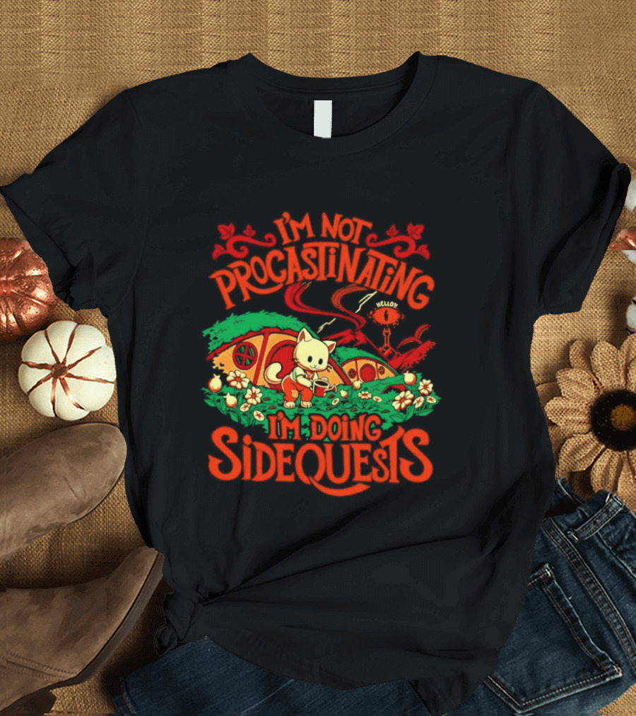 I'm Not Procrastinating I'm Doing Side Quests Cute Cat Adventure Scene T-Shirt