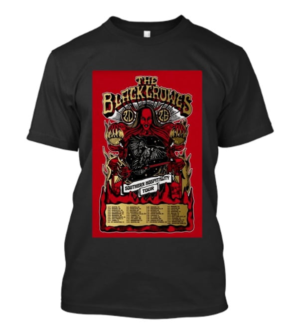 The Black Crowes Southern Hospitality Tour 2026 Red Background Gothic Crow Imagery Vintage Band Tour Dates T-Shirt