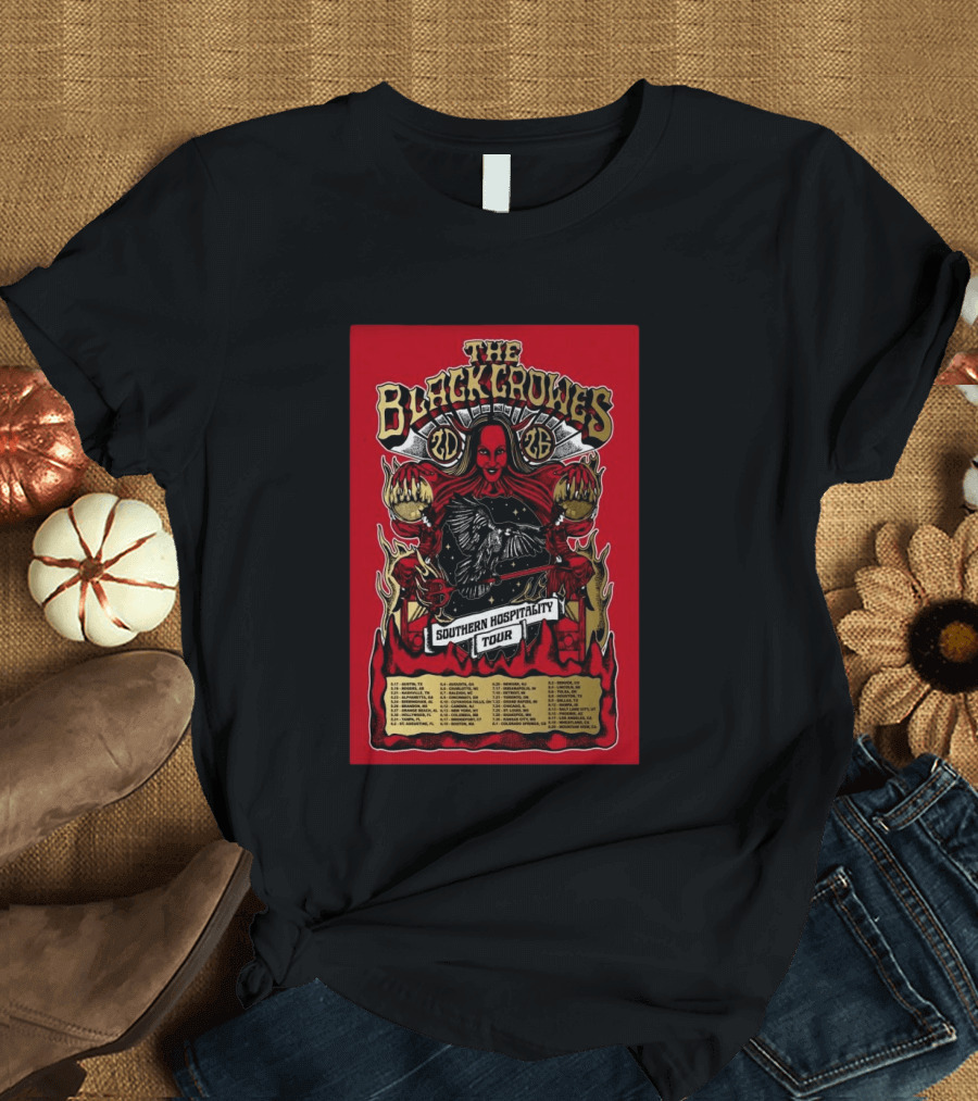 The Black Crowes Southern Hospitality Tour 2026 Red Background Gothic Crow Imagery Vintage Band Tour Dates T-Shirt
