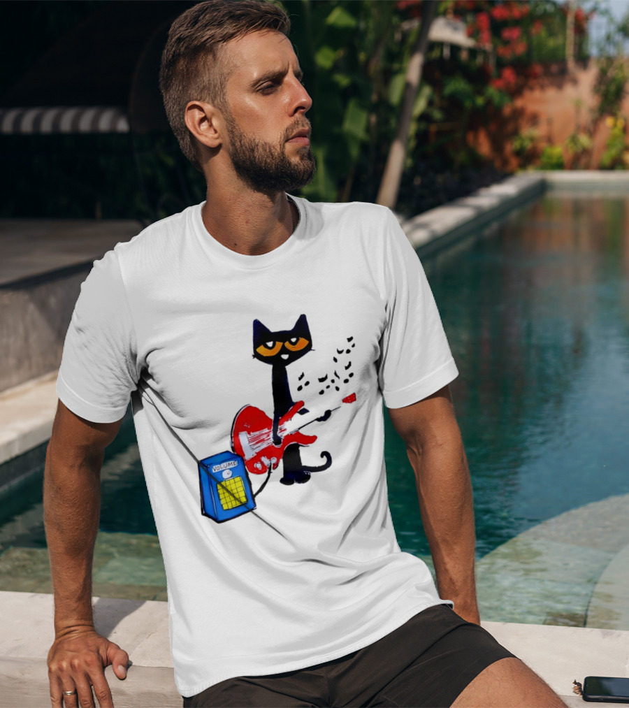 Pete The Cat Playing Red Guitar With Volume Amplifier Music Notes T-Shirt