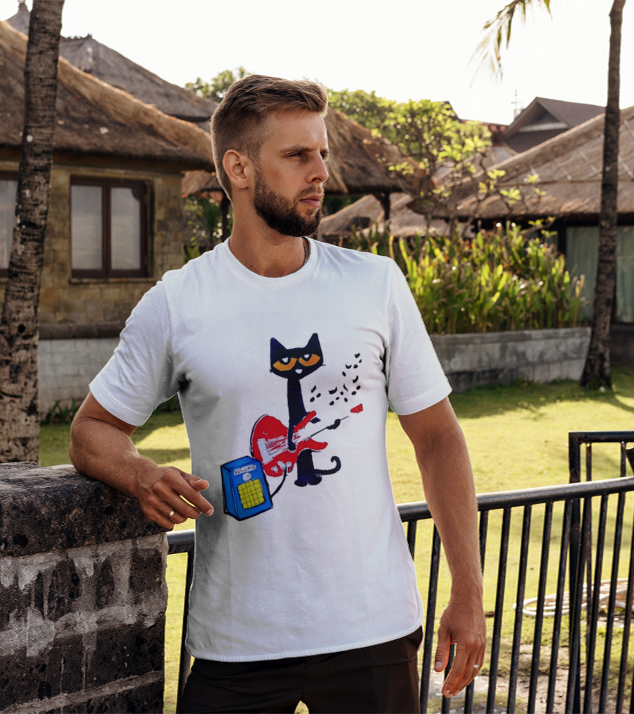 Pete The Cat Playing Red Guitar With Volume Amplifier Music Notes T-Shirt