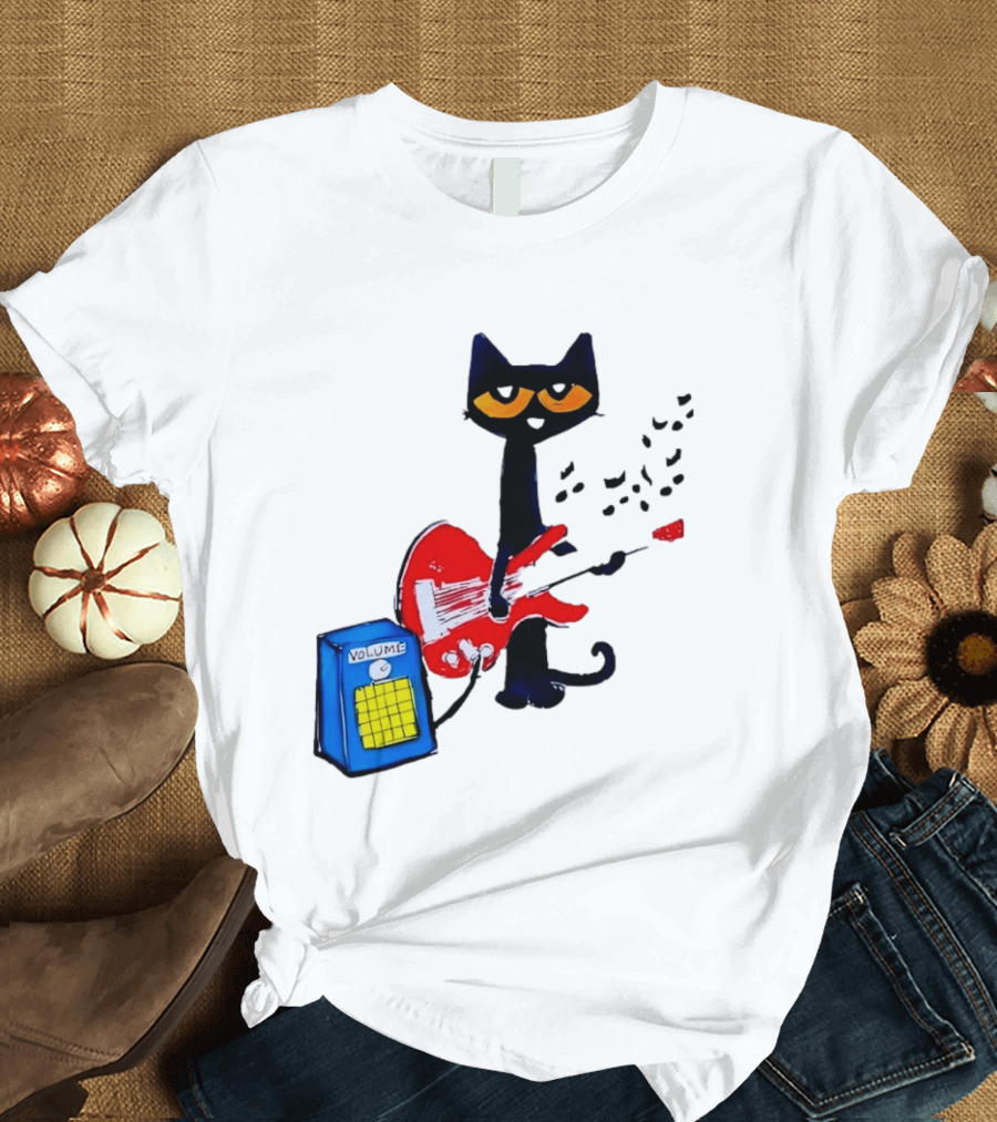 Pete The Cat Playing Red Guitar With Volume Amplifier Music Notes T-Shirt