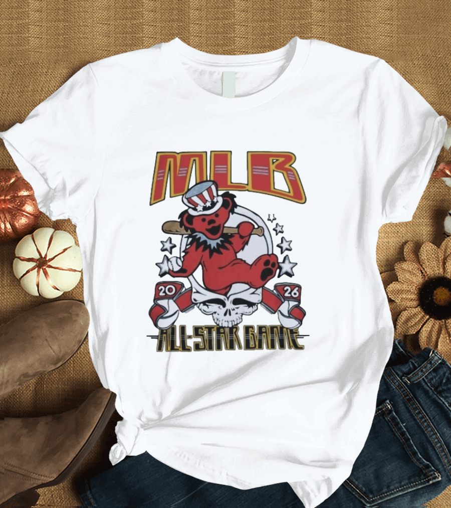 MLB 2026 All Star Game Grateful Dead Bear With Bat Patriotic Hat T-Shirt