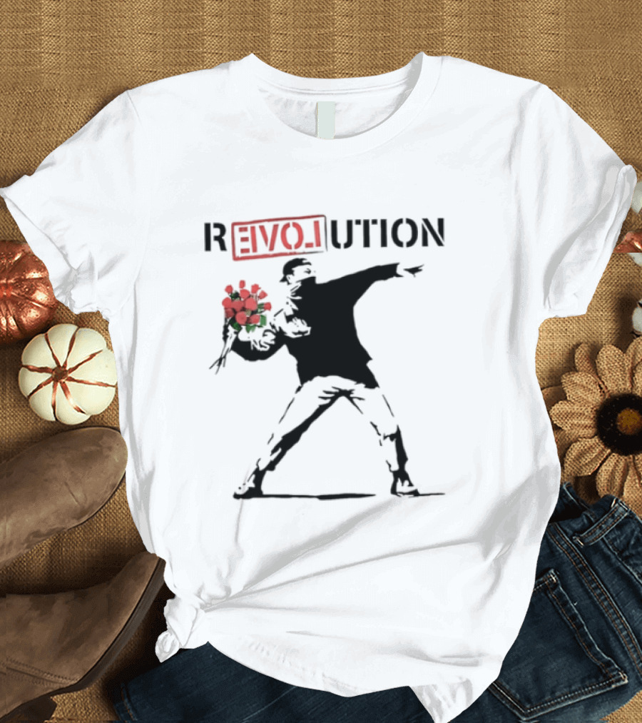 Revolution With Love Letter Throwing Roses Graffiti T-Shirt