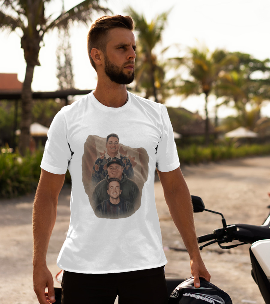 Three Smiling Men David Moss Devin Olsen Canadian Pride Flag T-Shirt