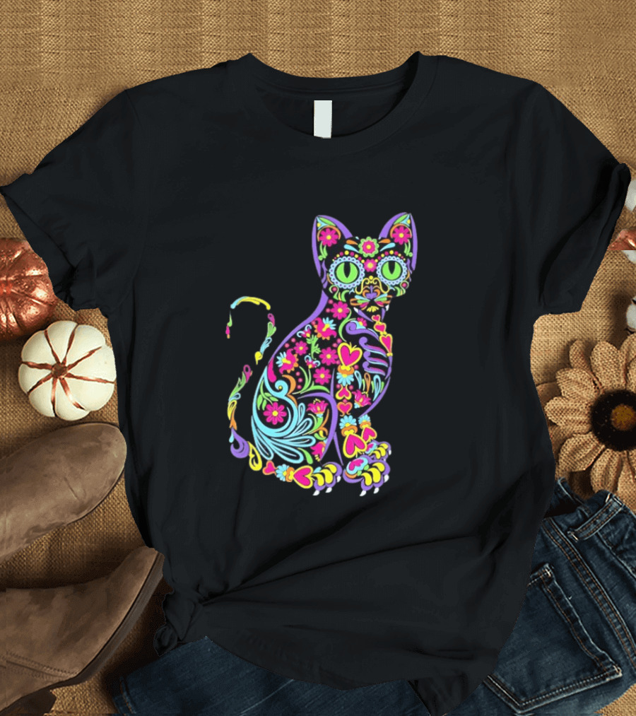 Sugar Skull Cat With Vibrant Floral T-Shirt
