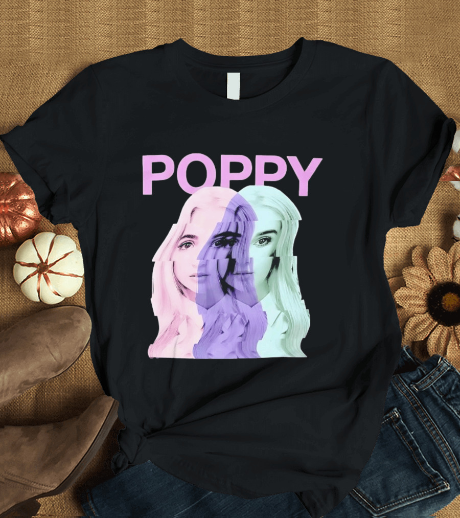 Poppy Digital Muse Glitch Faces Tricolor T-Shirt