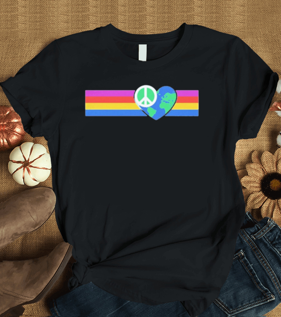 Rainbow Peace Symbol With Earth Heart Shape In Multicolor T-Shirt