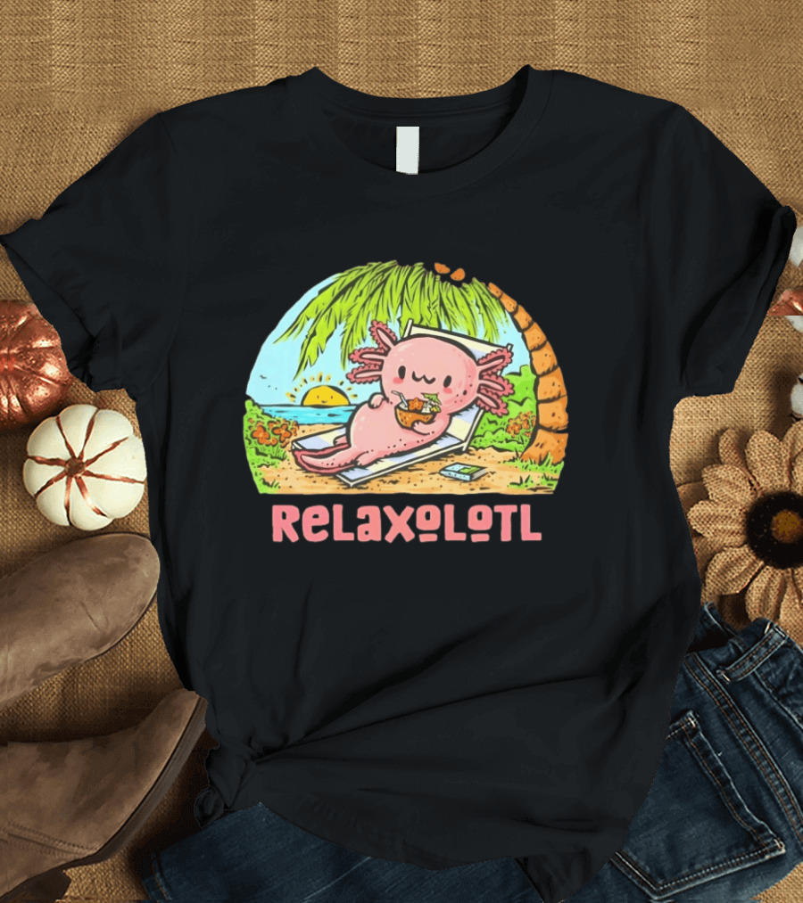 Relaxolotl Beach Vacation Vibes With Axolotl And Palm Trees T-Shirt
