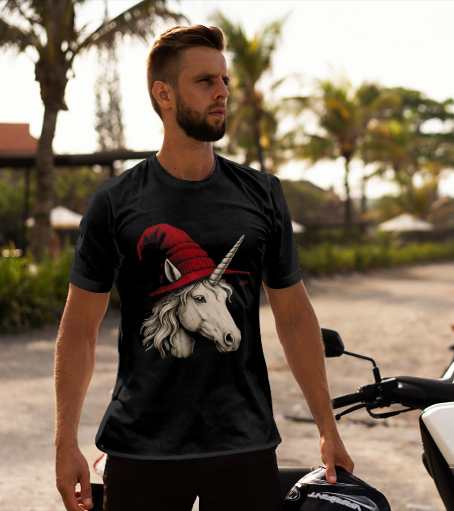 Unicorn With Red Wizard Witch Hat Beanie T-Shirt