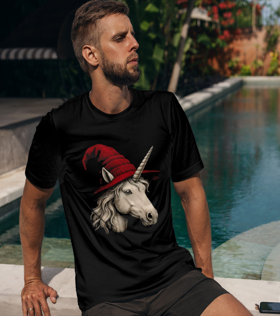 Unicorn With Red Wizard Witch Hat Beanie T-Shirt