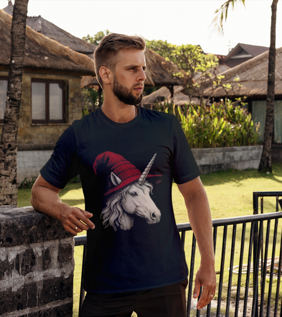 Unicorn With Red Wizard Witch Hat Beanie T-Shirt