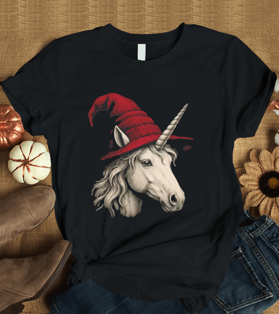 Unicorn With Red Wizard Witch Hat Beanie T-Shirt