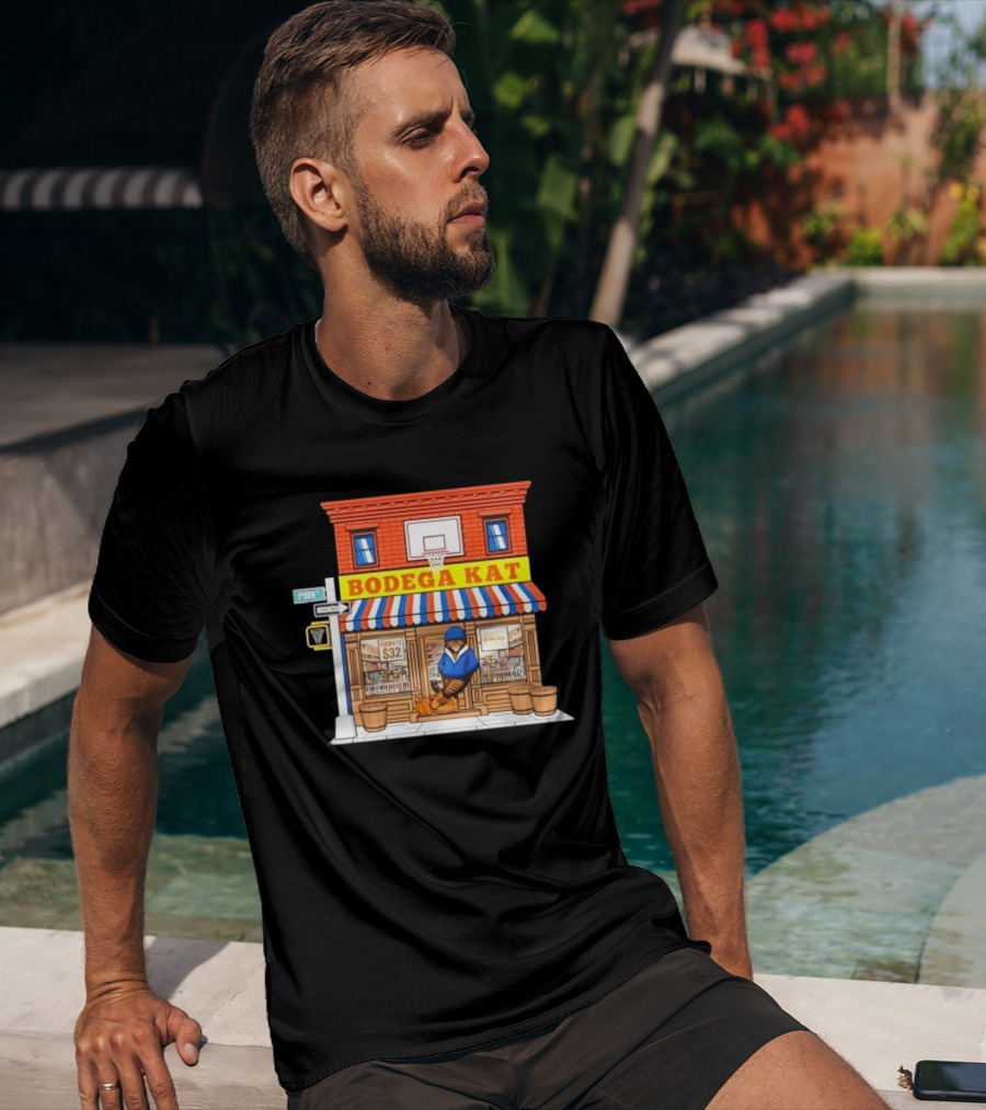Bodega KAT New York Knicks Basketball Street Scene Purr Street Sign T-Shirt