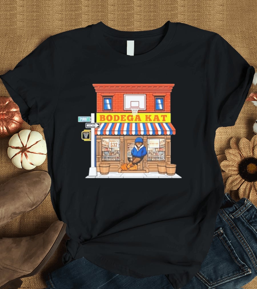Bodega KAT New York Knicks Basketball Street Scene Purr Street Sign T-Shirt