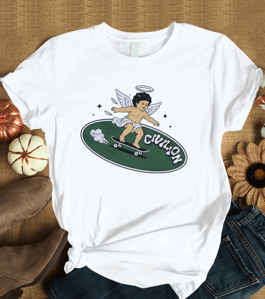 Skateboarding Angel Civilian Halo Wings T-Shirt