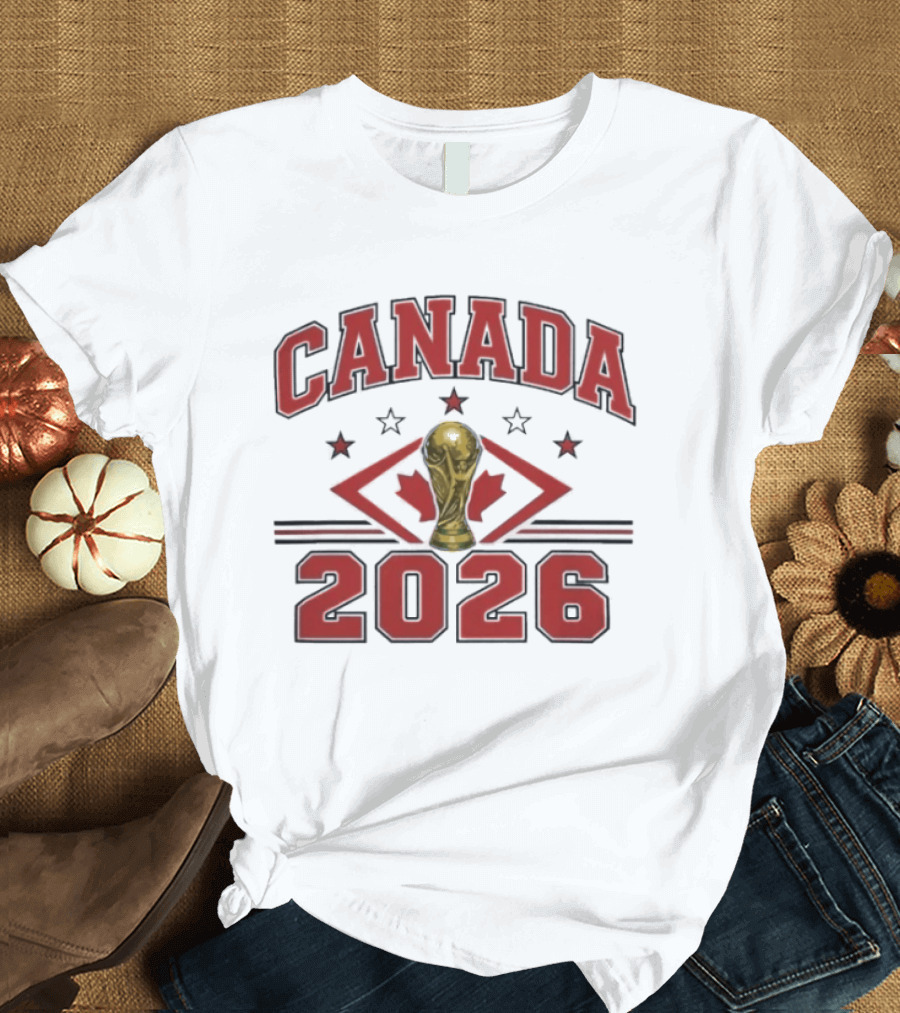 Canada 2026 Football World Cup Trophy And Maple Leaf T-Shirt