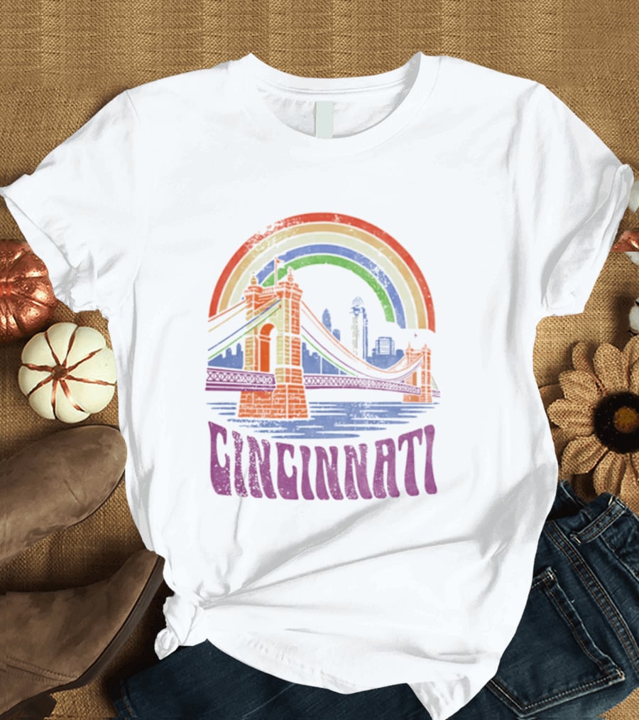 Cincinnati Roebling Bridge Rainbow Skyline Proud Of Our City T-Shirt