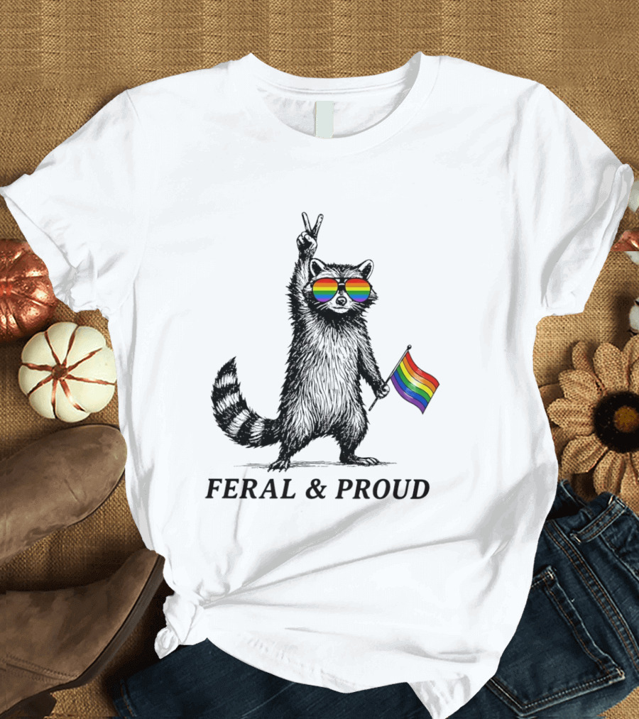 Feral And Proud Raccoon Peace Sign Rainbow Sunglasses Flag T-Shirt