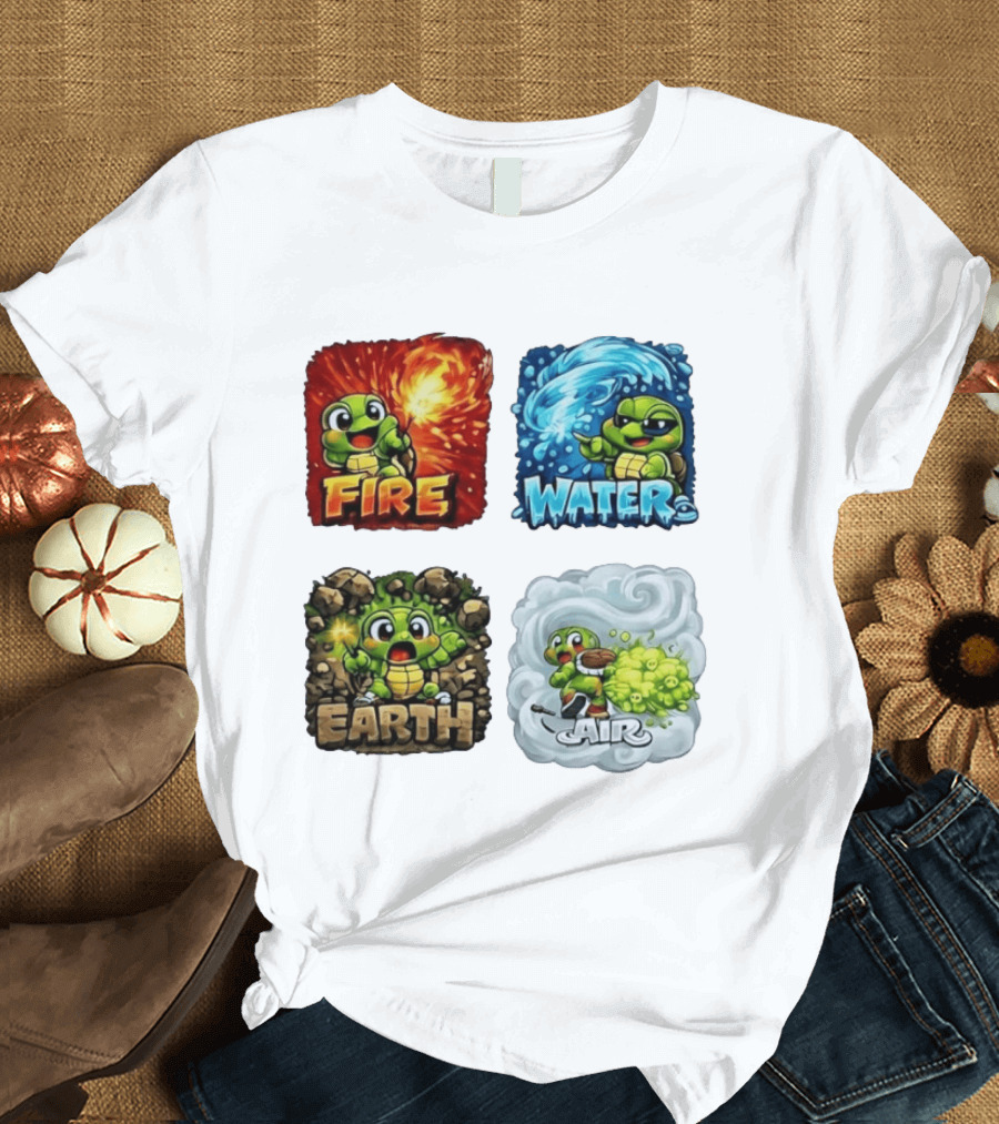 Fire Water Earth Air Turtle Cartoon Baby Elements Quadrant T-Shirt