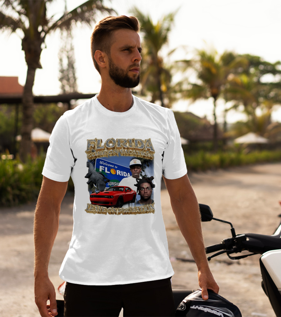 Florida Come On Vacation Leave On Probation Welcome Sign Alligator Red Car T-Shirt