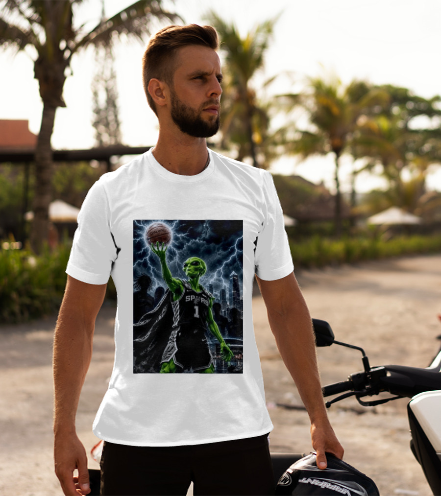 NBA Spurs Alien Spalding Basketball Hovering In Stormy City Skyline T-Shirt