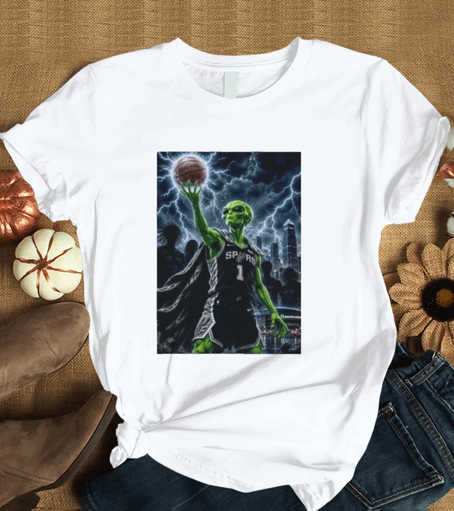 NBA Spurs Alien Spalding Basketball Hovering In Stormy City Skyline T-Shirt