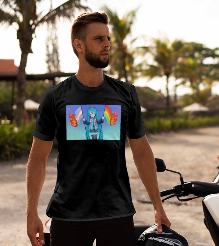 Anime Vocaloid Miku Holding Burning Transgender And Rainbow Flags Controversial Pride Month 2026 T-Shirt