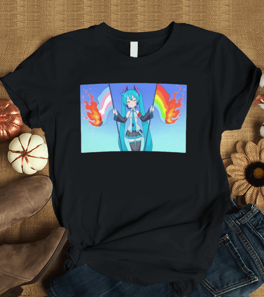Anime Vocaloid Miku Holding Burning Transgender And Rainbow Flags Controversial Pride Month 2026 T-Shirt